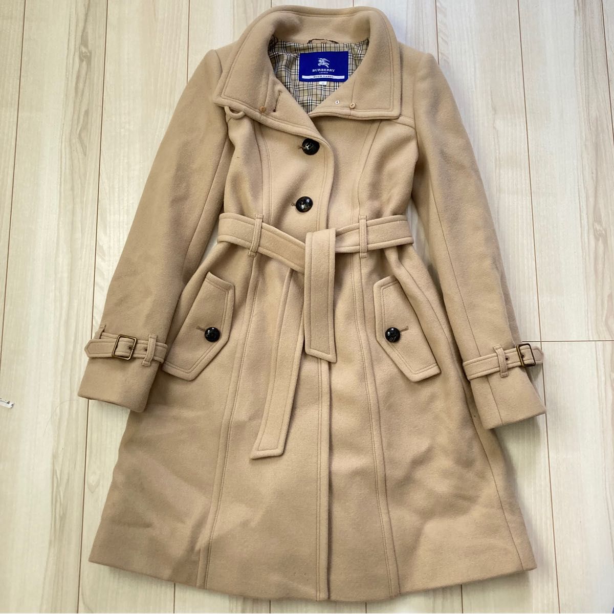 バーバリーブルーレーベル フォックスファー襟2WAYノバチェックウール