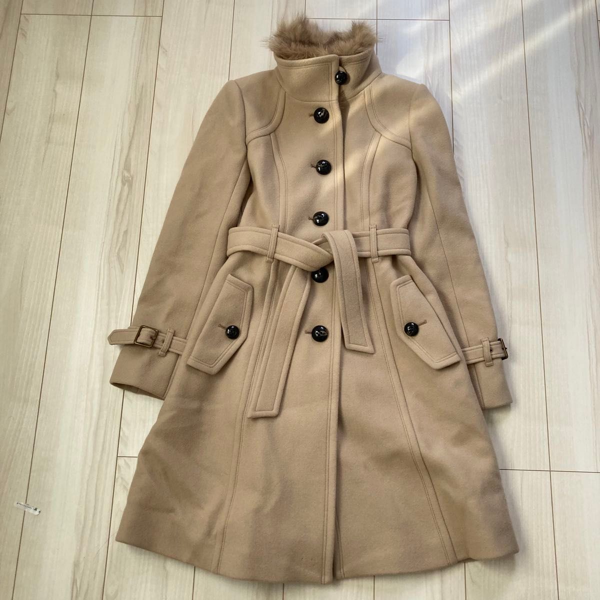 バーバリーブルーレーベル フォックスファー襟2WAYノバチェックウール