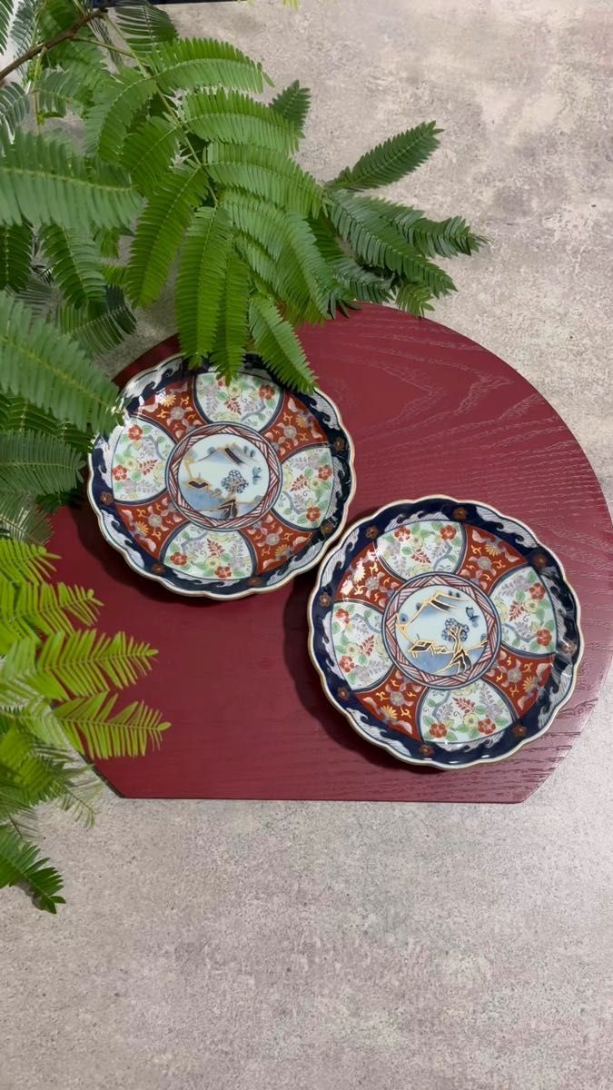 江戸～明治期 古伊万里 金彩色絵赤皿2客揃 アンティーク/伊万里焼/大皿