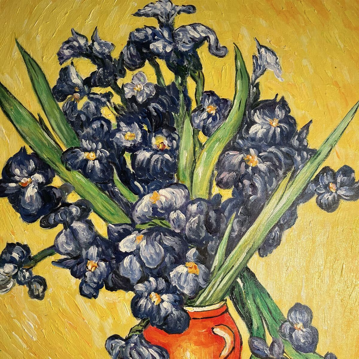 ☆秀作☆ 手書き油絵 ゴッホ アイリスのある花瓶 額付 絵画 インテリア
