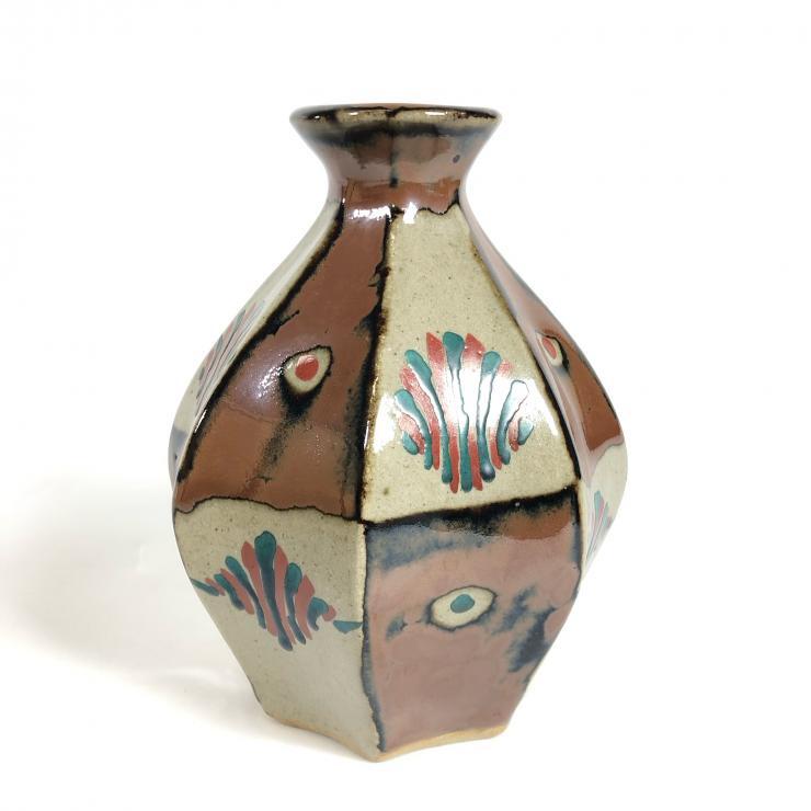 陶芸家 本物保証 人間国宝 浜田庄司 本人作 柿釉窓絵四方花瓶
