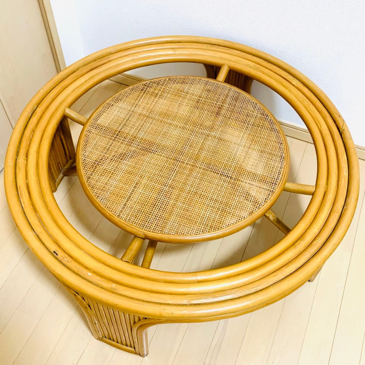 籐家具 ラタンテーブル ローテーブル ガラス天板付き 丸テーブル 昭和