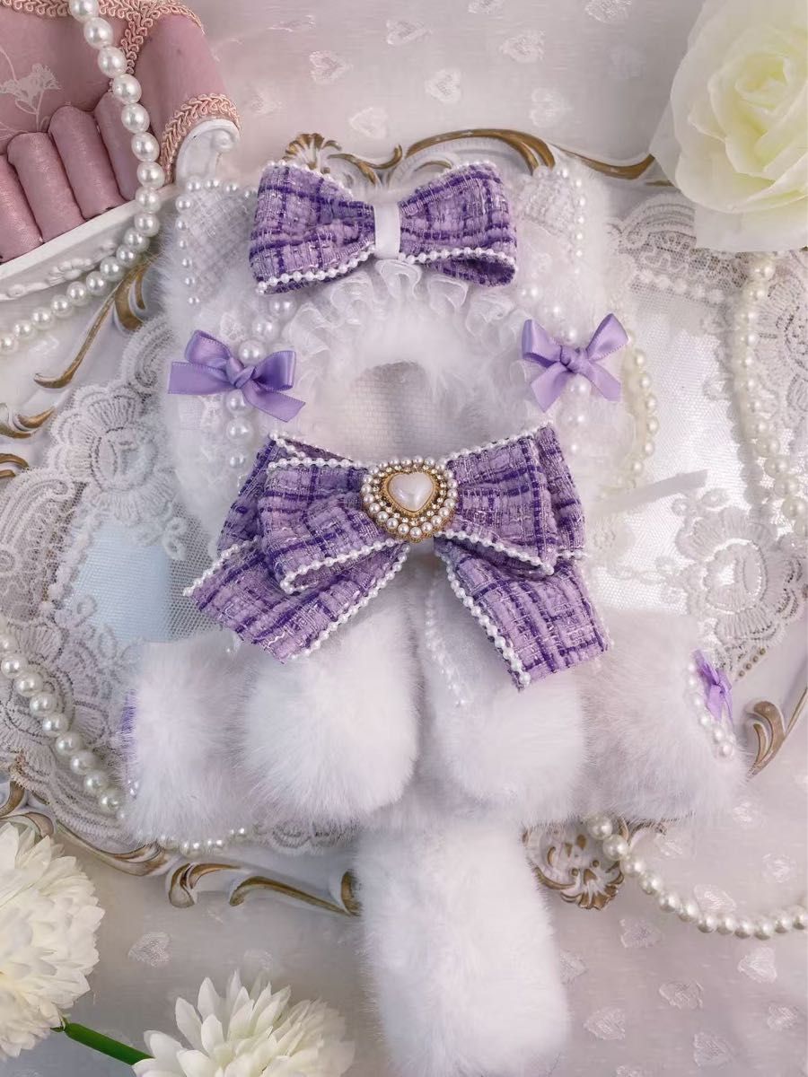 ツイード風 お座りぬい服 猫耳 白x紫 10〜12cm ⑧｜Yahoo!フリマ（旧