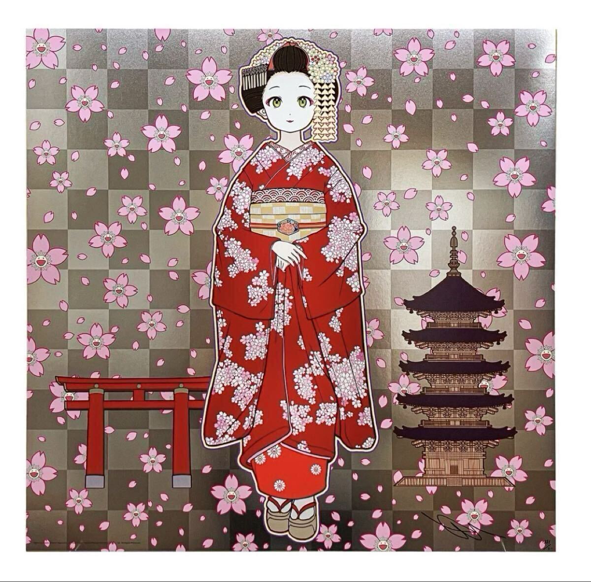 新品】村上隆 京都の舞妓さん 赤に桜 ポスター Takashi Murakami