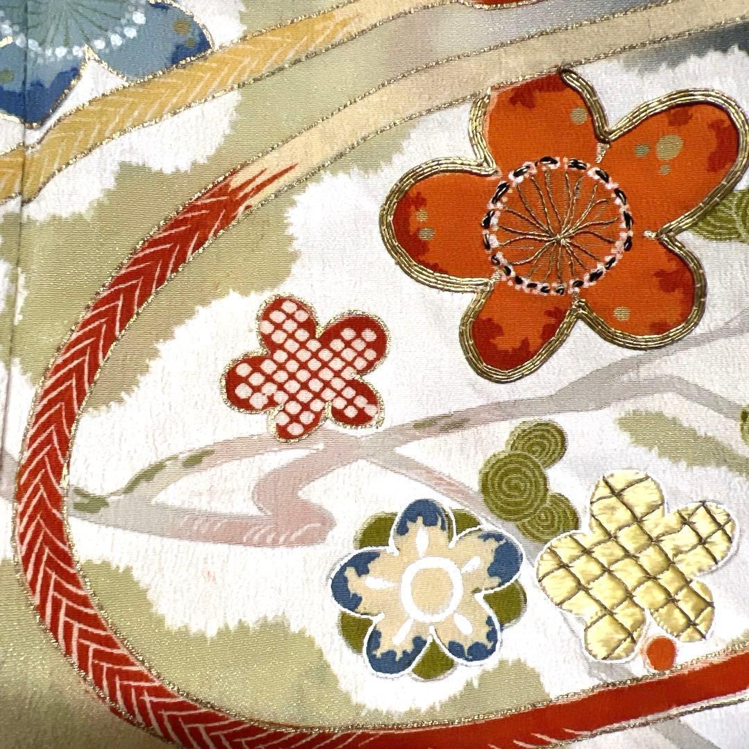 アンティーク 黒留袖 金駒刺繍 金彩 水引 松竹梅 傘 扇 着物 112b d