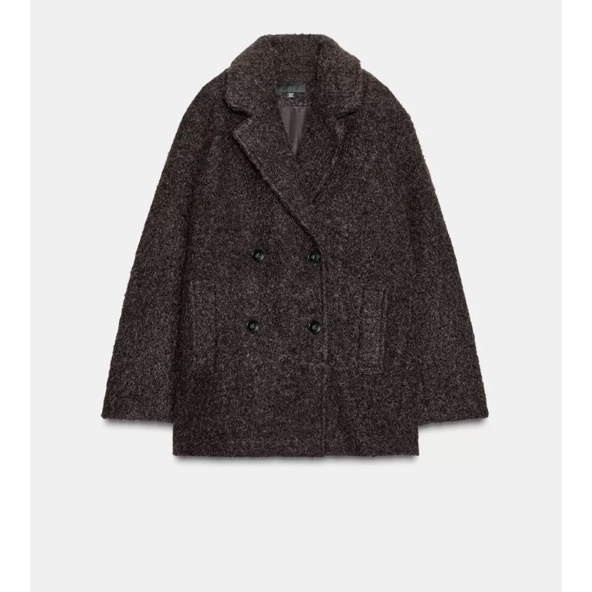 タグ付き新品 ZARAのブークレダブルブレストミディ丈コート Lサイズ