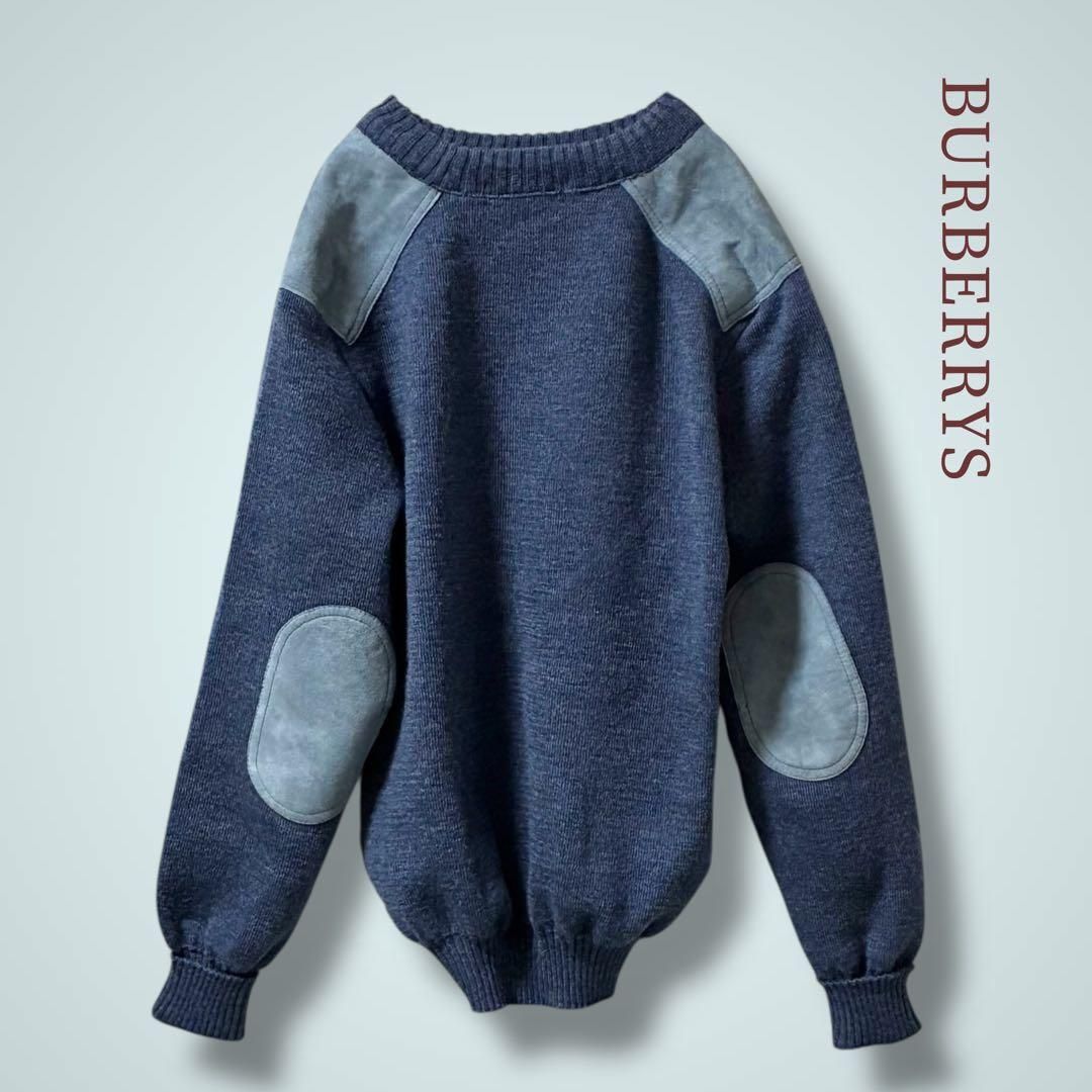 90s バーバリーズ ウールニット ロゴホース刺繍 エルボーパッチ 42