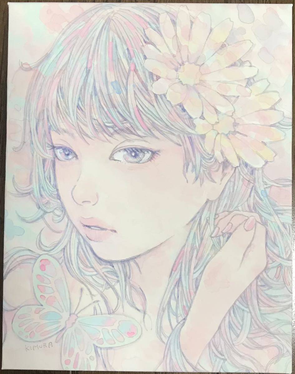 ☆木村智博「幸運」木製パネル アクリルガッシュ 色鉛筆 鉛筆 額付き