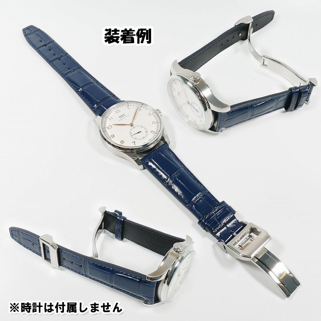 IWC用 互換レザーベルト Dバックル付き ネイビー/シルバー 22mm 革