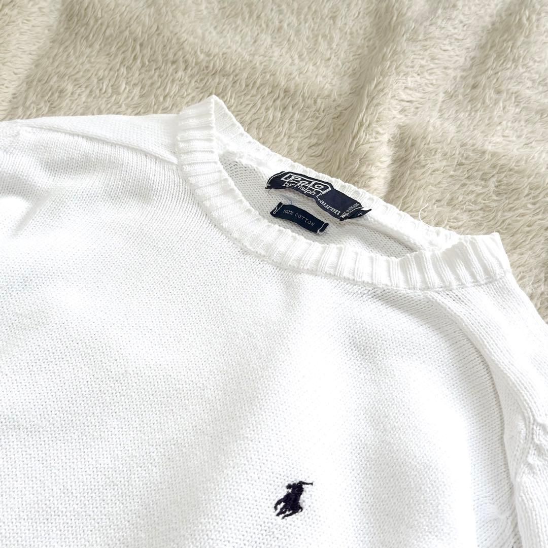 美品ポロ ラルフローレン クルーネックコットンニット 白 ワンポイント