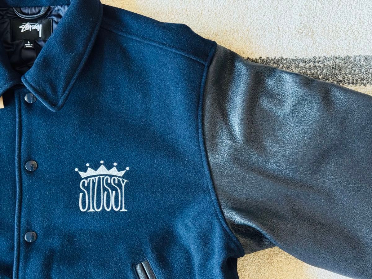 新品 STUSSY king レザージャケットL紺 ステューシー革 スタジャン