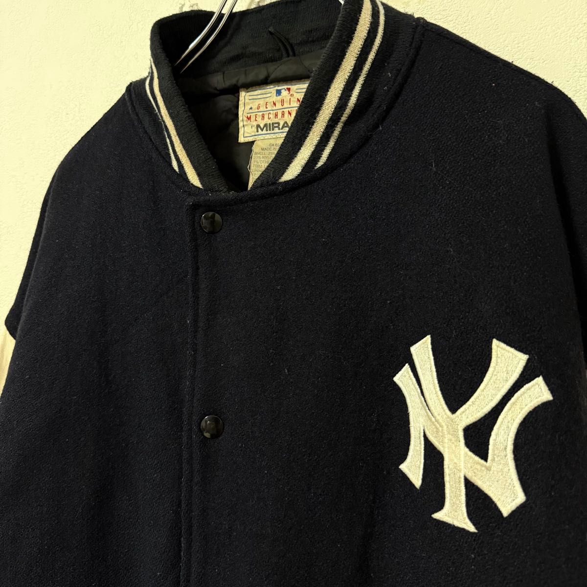 90s MIRAGE ヤンキース スタジャン ウール&レザー ネイビー/紺白 M