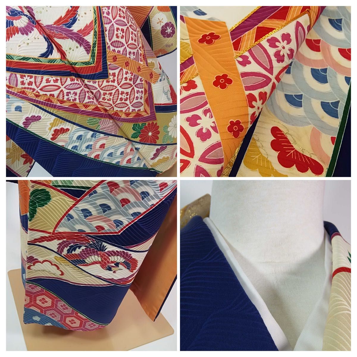 逸品】金駒刺繍 振袖 深藍地に熨斗文様×吉祥花鳥 古典華やぎフォーマル