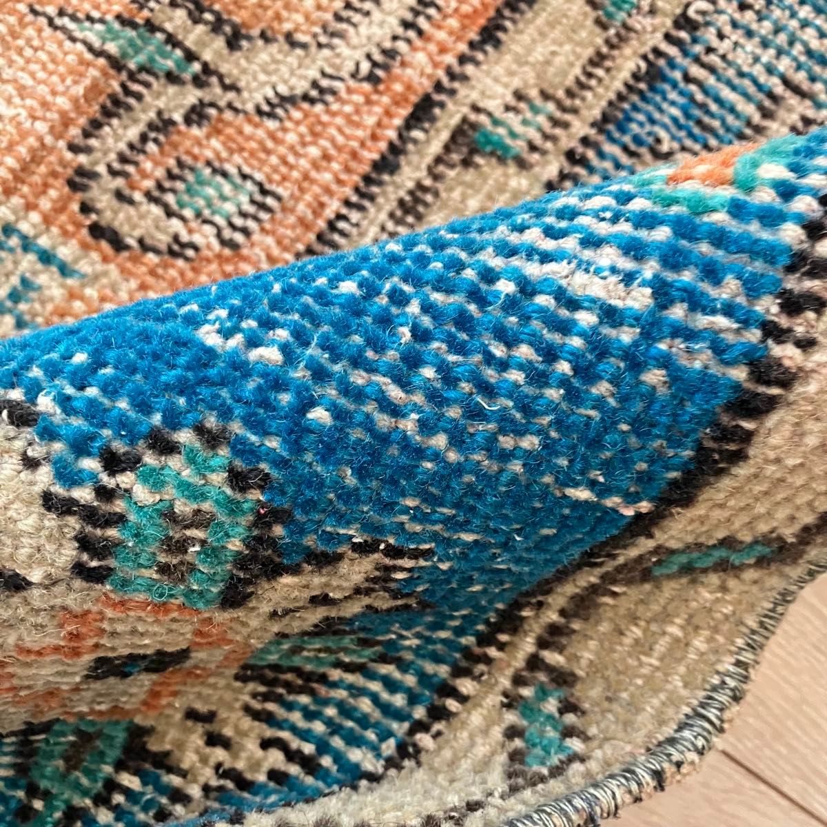 シャビーオレンジ89×108ブルー ベージュ 正方形 トルコヴィンテージ