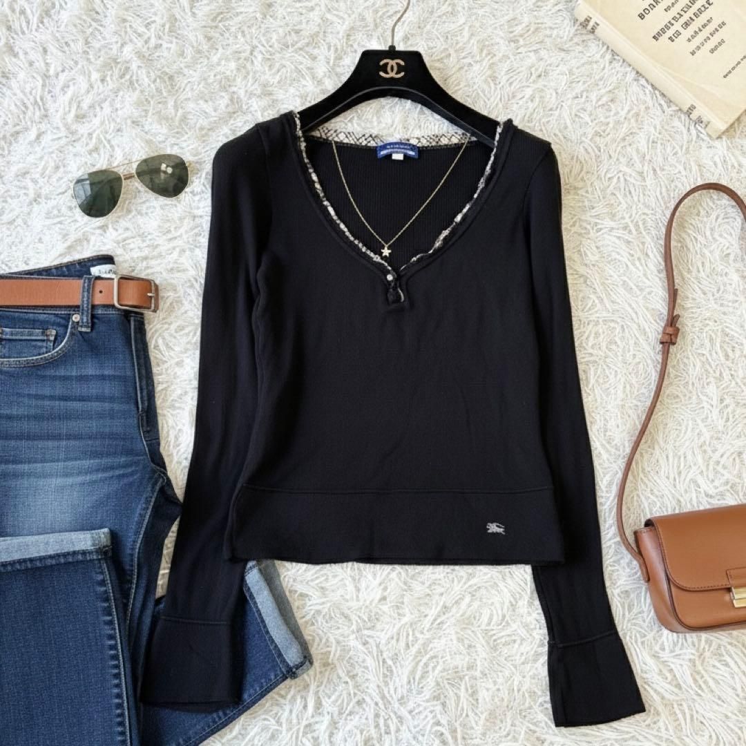 バーバリーブルーレーベル ヘンリーネック リブトップス ノバチェック