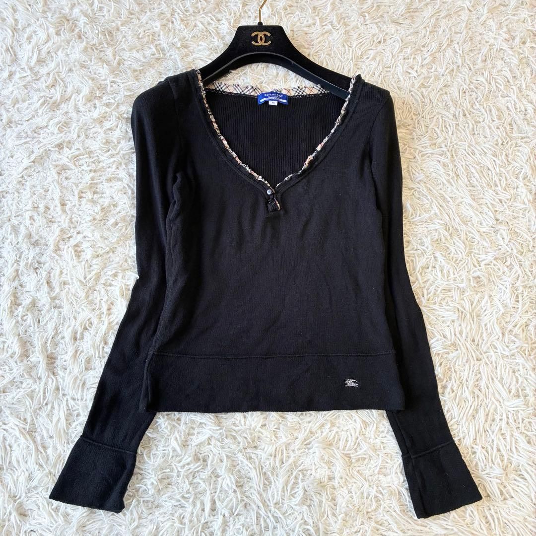バーバリーブルーレーベル ヘンリーネック リブトップス ノバチェック