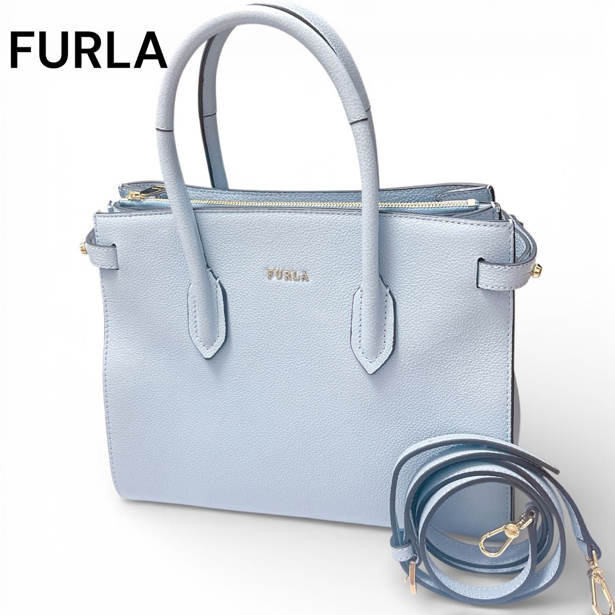 極美品】FURLA フルラ ショルダーバッグ PIN 2way ライトブルー レザー