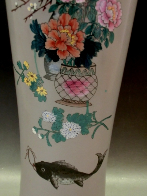 壺□四季有餘 乙卯仲春玉郷 長壷「中華陶瓷」牡丹 魚紋 花尽くし 古玩
