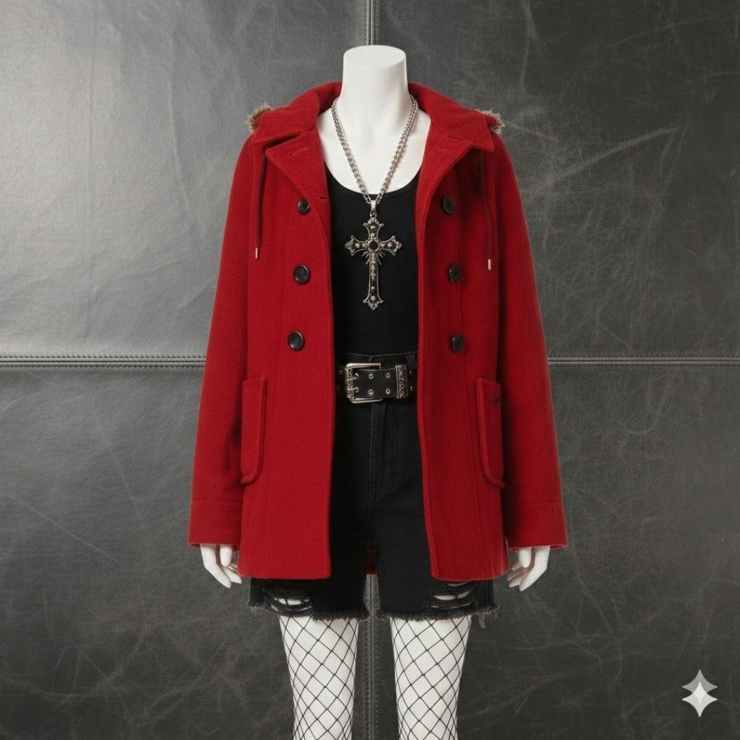 00s Archive y2k】 Hooded Pea Coat Gimmick 平成ギャル フーディP