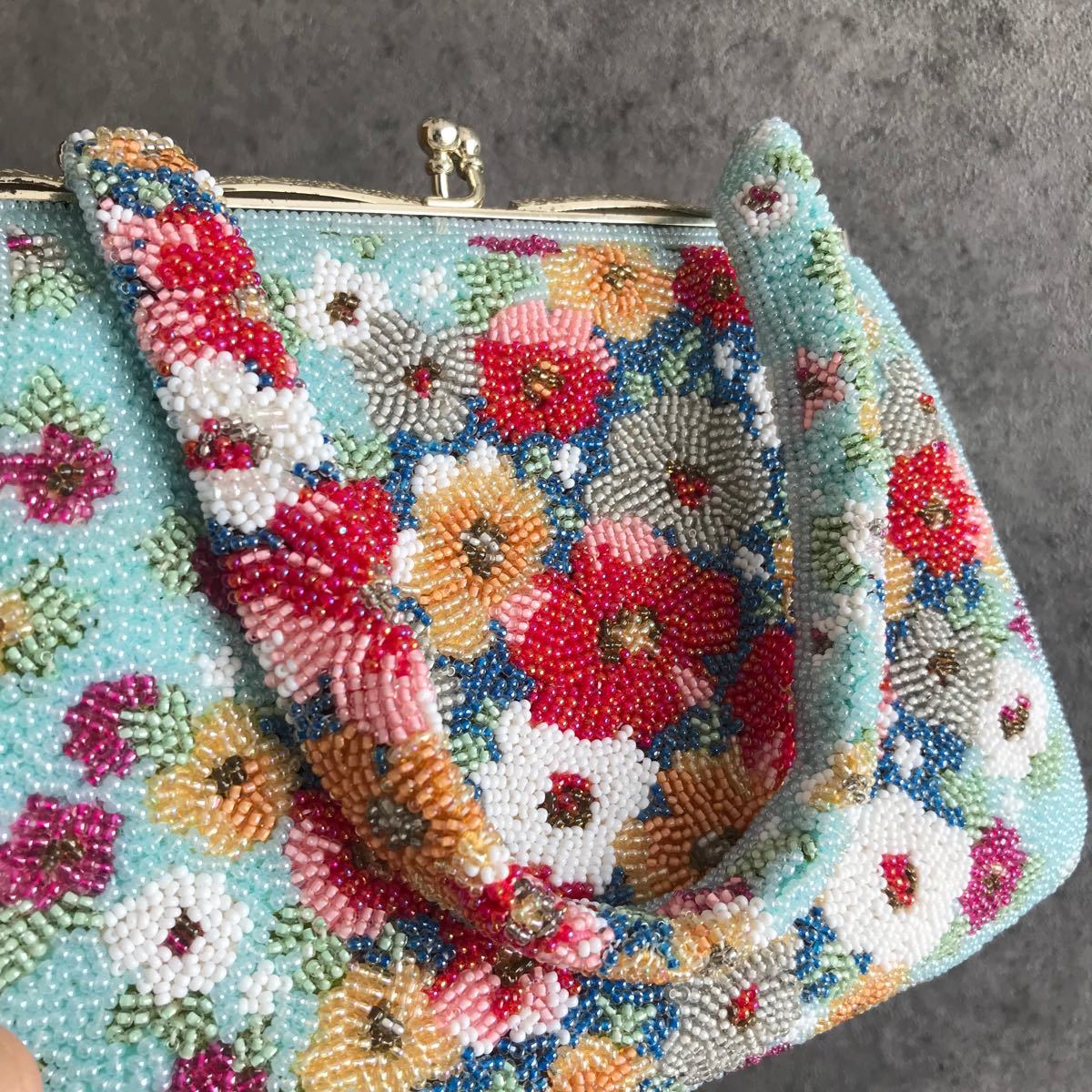 和装 ビーズ バッグ 水色×花 昭和 レトロ ヴィンテージ 小ぶり｜Yahoo