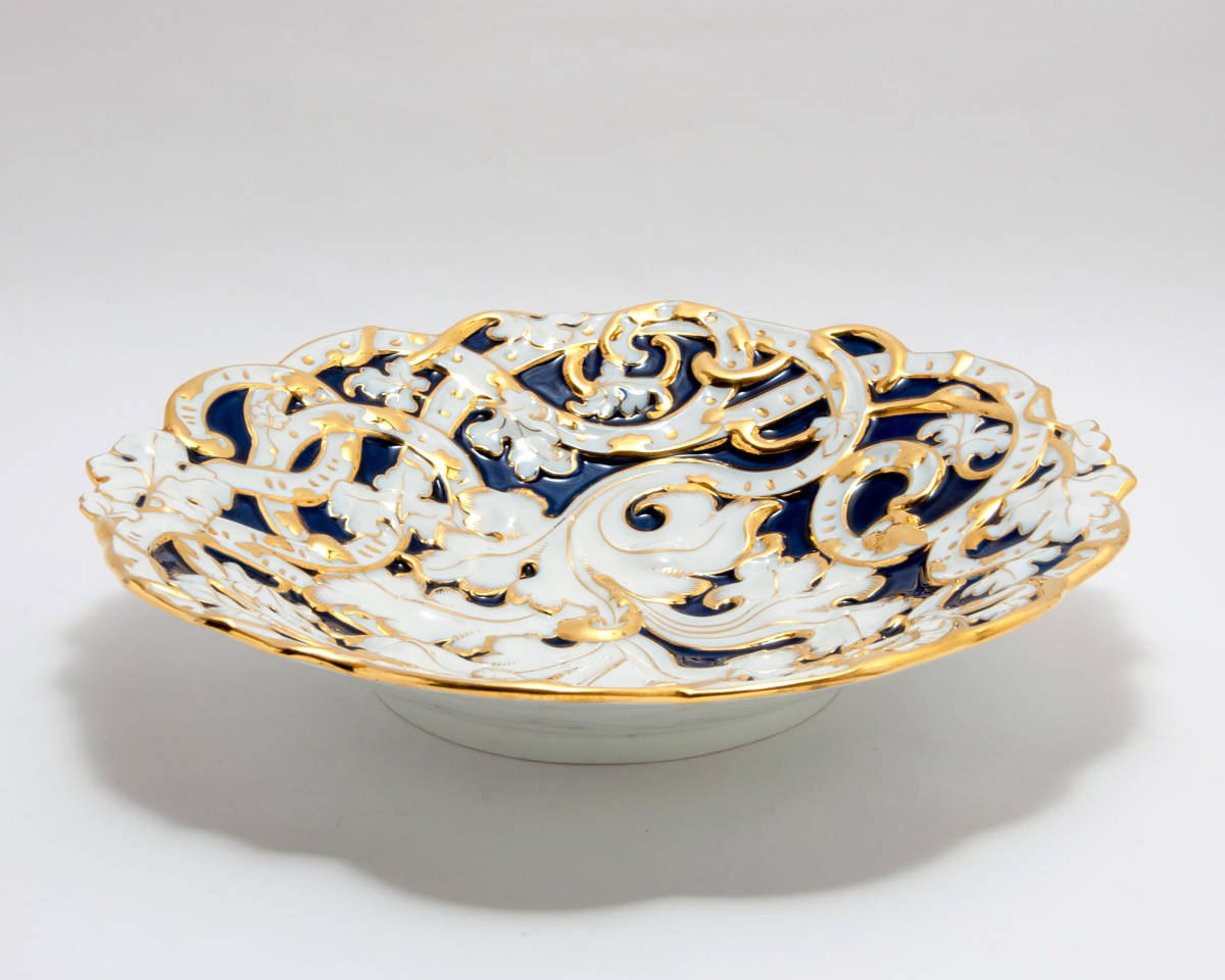 古マイセン 金飾 コバルト地 アカンサスレリーフ 装飾飾り皿 プレート