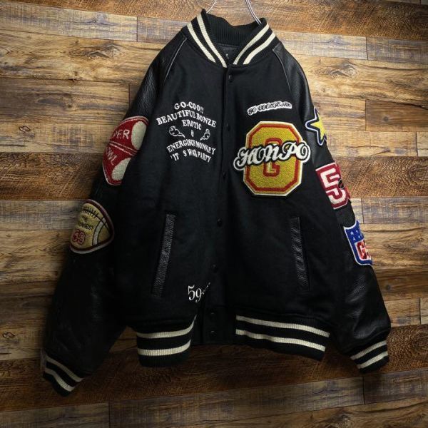 レタードスタジャン メンズ 古着 刺繍 ワッペン 黒 l ブラック 本革 袖