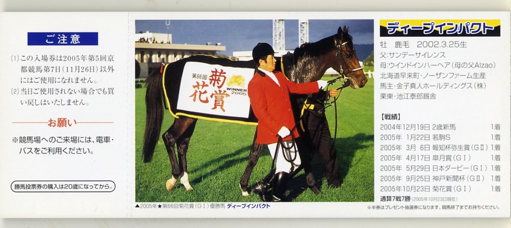 ディープインパクト JRA 三冠達成記念 入場券 東京競馬場 中山競馬場
