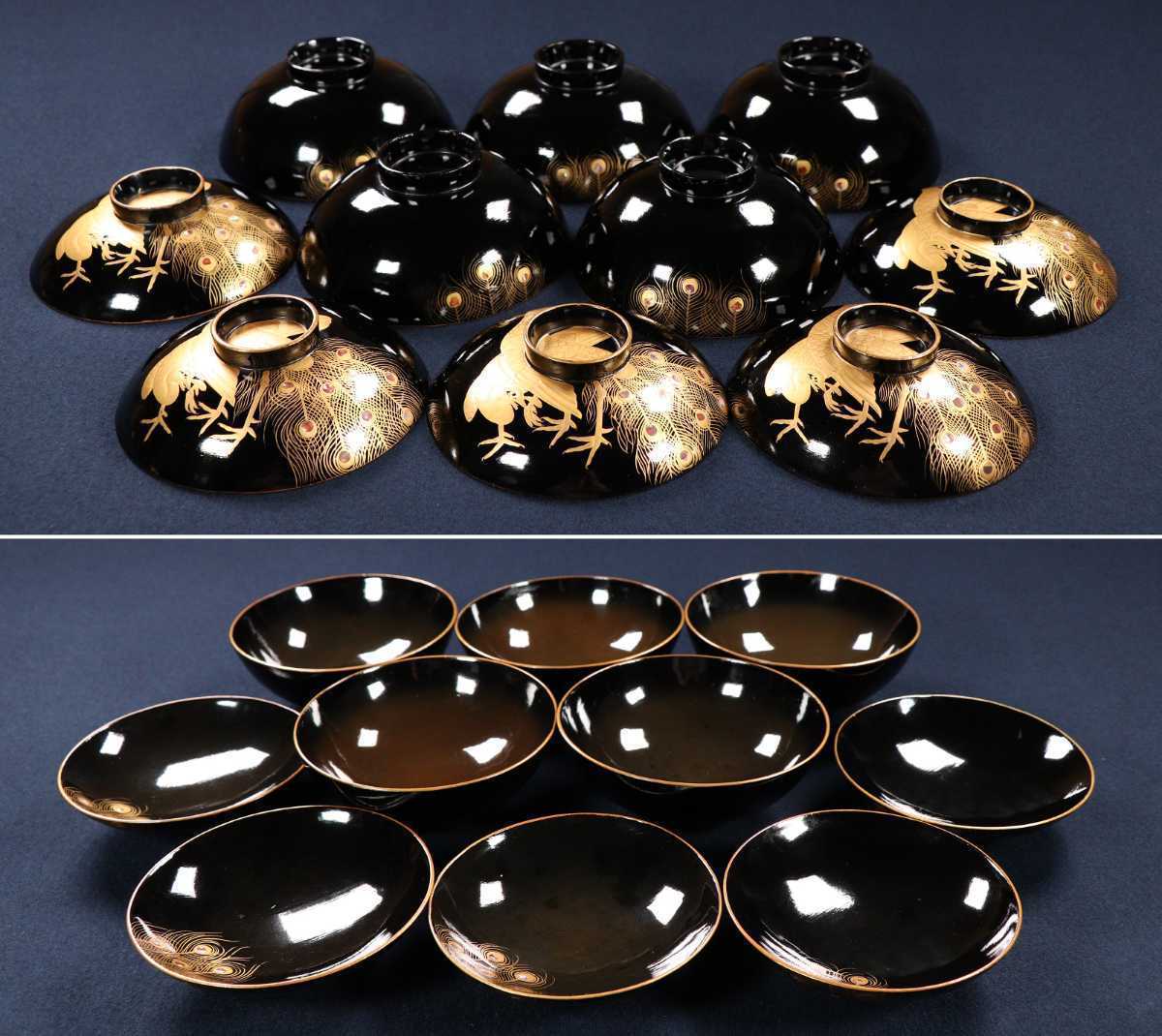 CA56 時代輪島塗 黒塗孔雀文様金蒔絵椀五客 高盛細密螺鈿細工 木製漆器