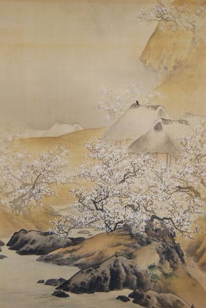 真作】//石渓/梅花山村図/布袋屋掛軸HB-133