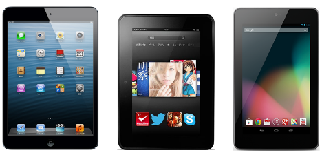 7インチタブレット3機種（iPad mini、Kindle Fire HD、Nexus 7）を比較