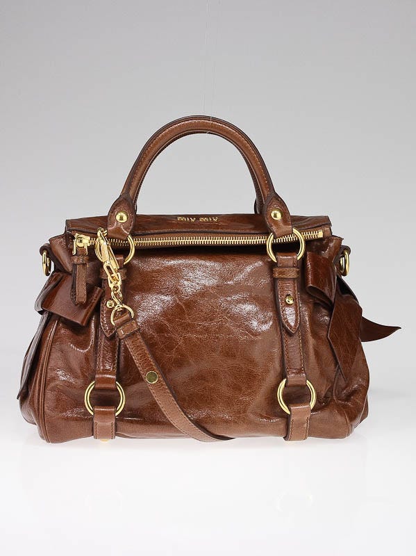 Miu Miu Brown Vitello Lux Fold-Over Mini Bow Satchel Bag | Yoogi's