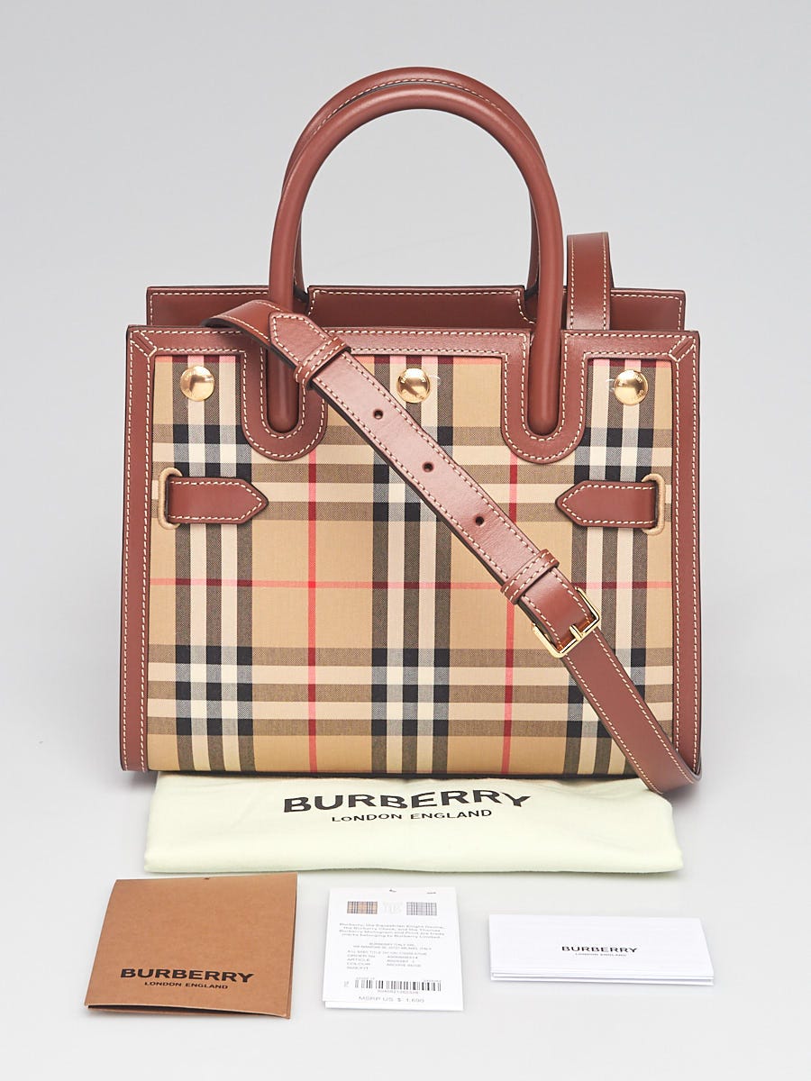 Burberry Brown Leather Vintage Check Canvas Baby Title Tote Bag