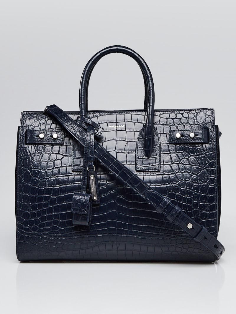 Yves Saint Laurent Navy Blue Crocodile Embossed Leather Small Sac