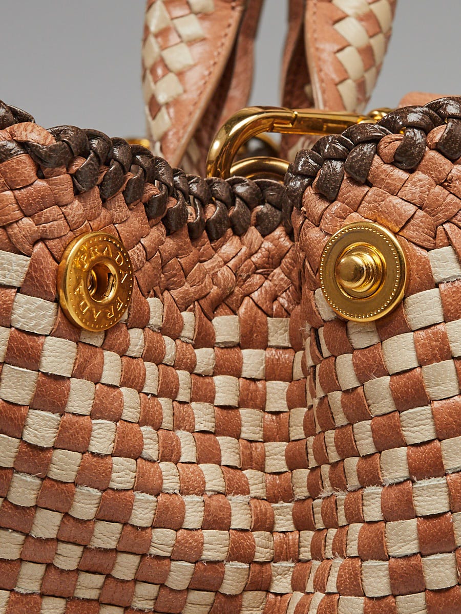 Prada Brown/Tan/Beige Woven Goatskin Leather Madras Satchel Bag