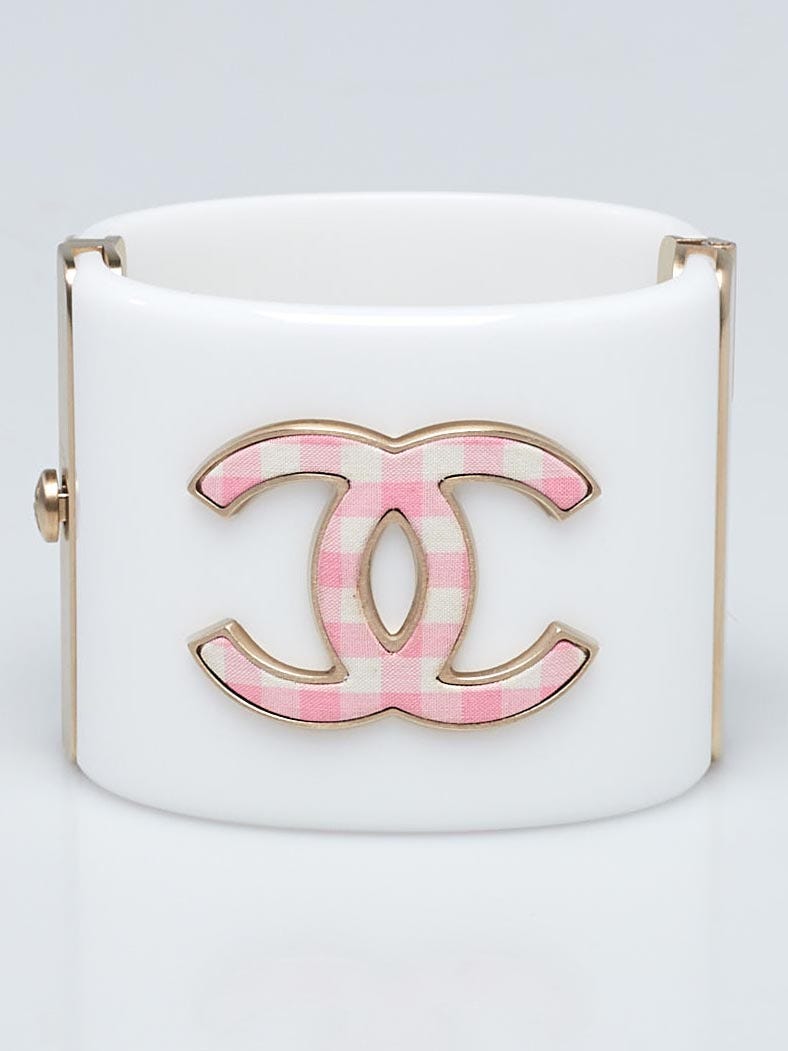 Chanel White Resin and Pink Gingham CC Wide Cuff Bracelet