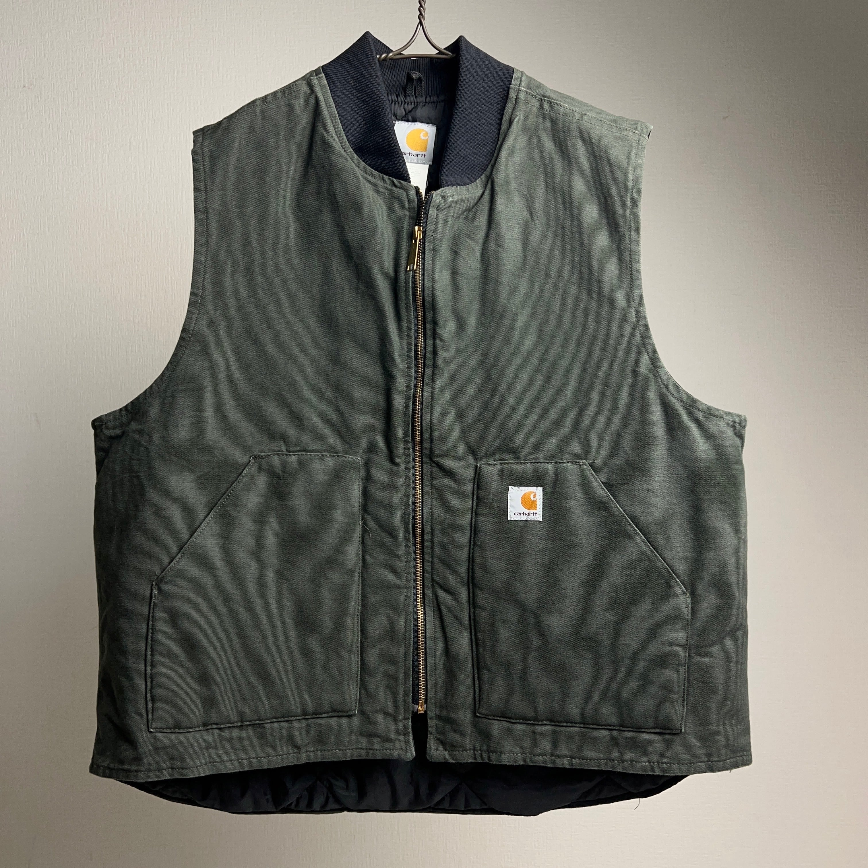 90s Carhartt モスグリーン ダックベスト USA製 腰ゴム XL アメリカ製