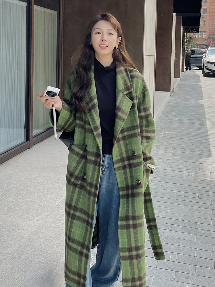 グリーンチェック柄両面カシミアコートレディースミドル丈2023秋冬新作