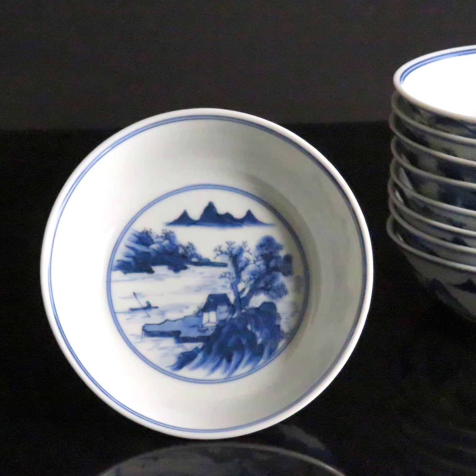 尾張藩御焼物師 川本半助(小半 1860年頃) 瀬戸染付 手描山水文 なます