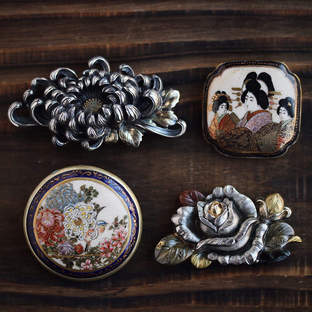 菊の図 アンティーク帯留 銀製 金象嵌 彫金 明治金工 作家物 宮本庄七