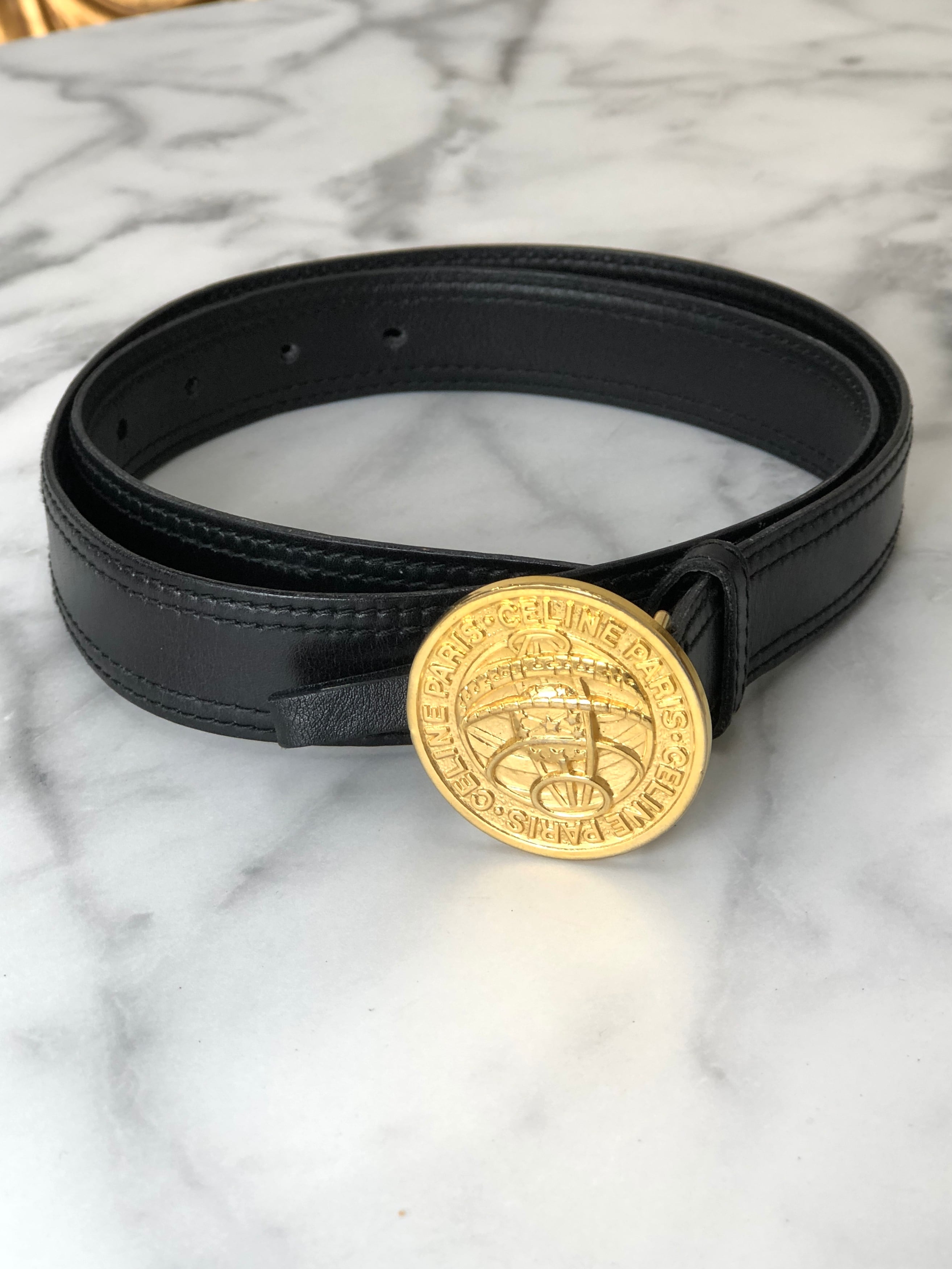 CELINE (セリーヌ) レザー ベルト ブラック ゴールド金具