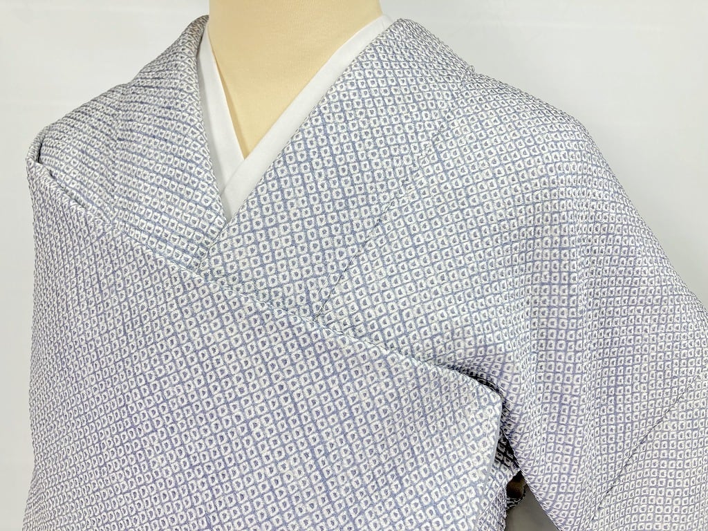 総絞り 無地 未使用 総絞り 裏打ち 小紋 正絹 水色 白 スカイブルー