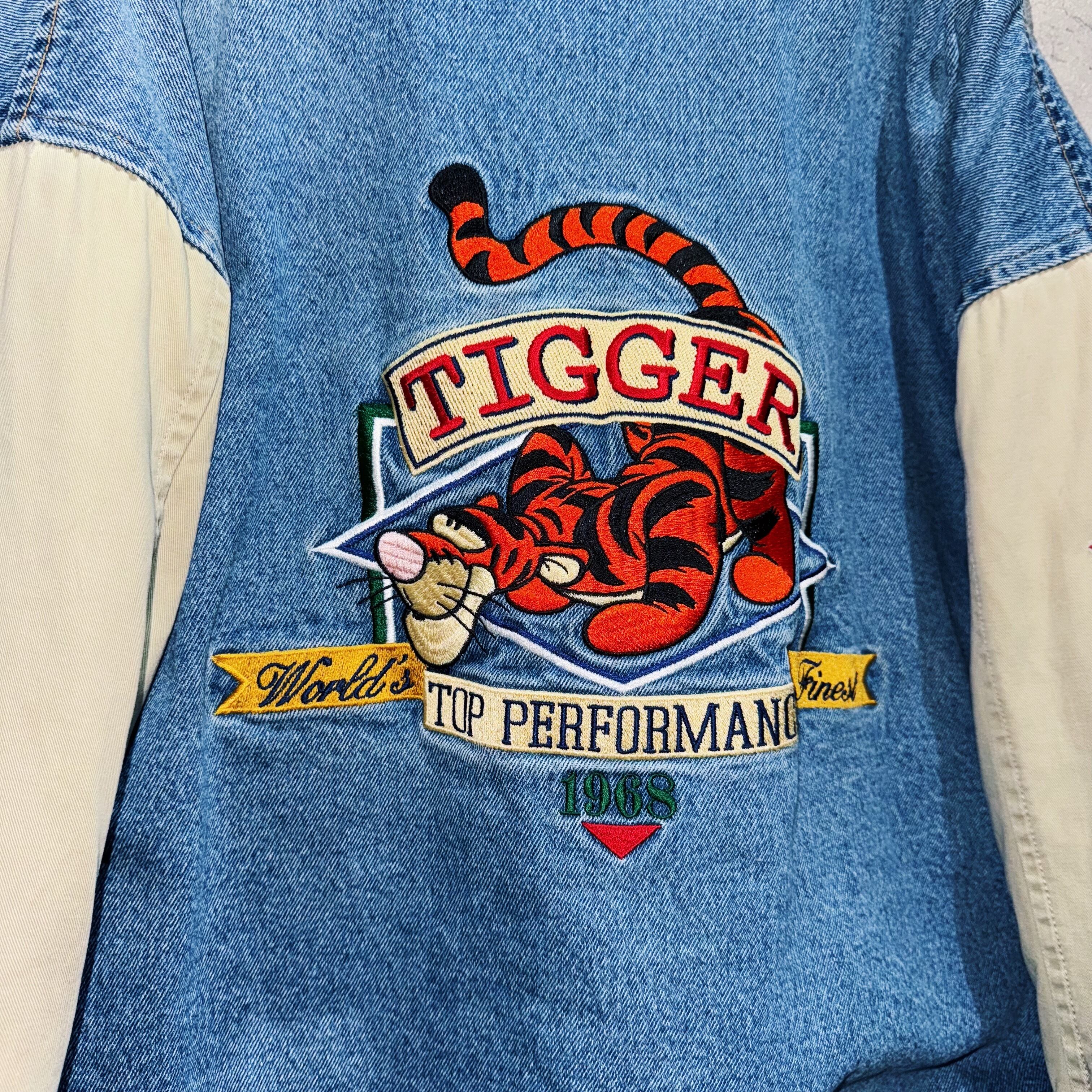 90's”Disney”TIGGER embroidery design denim varsity jacket | ayne