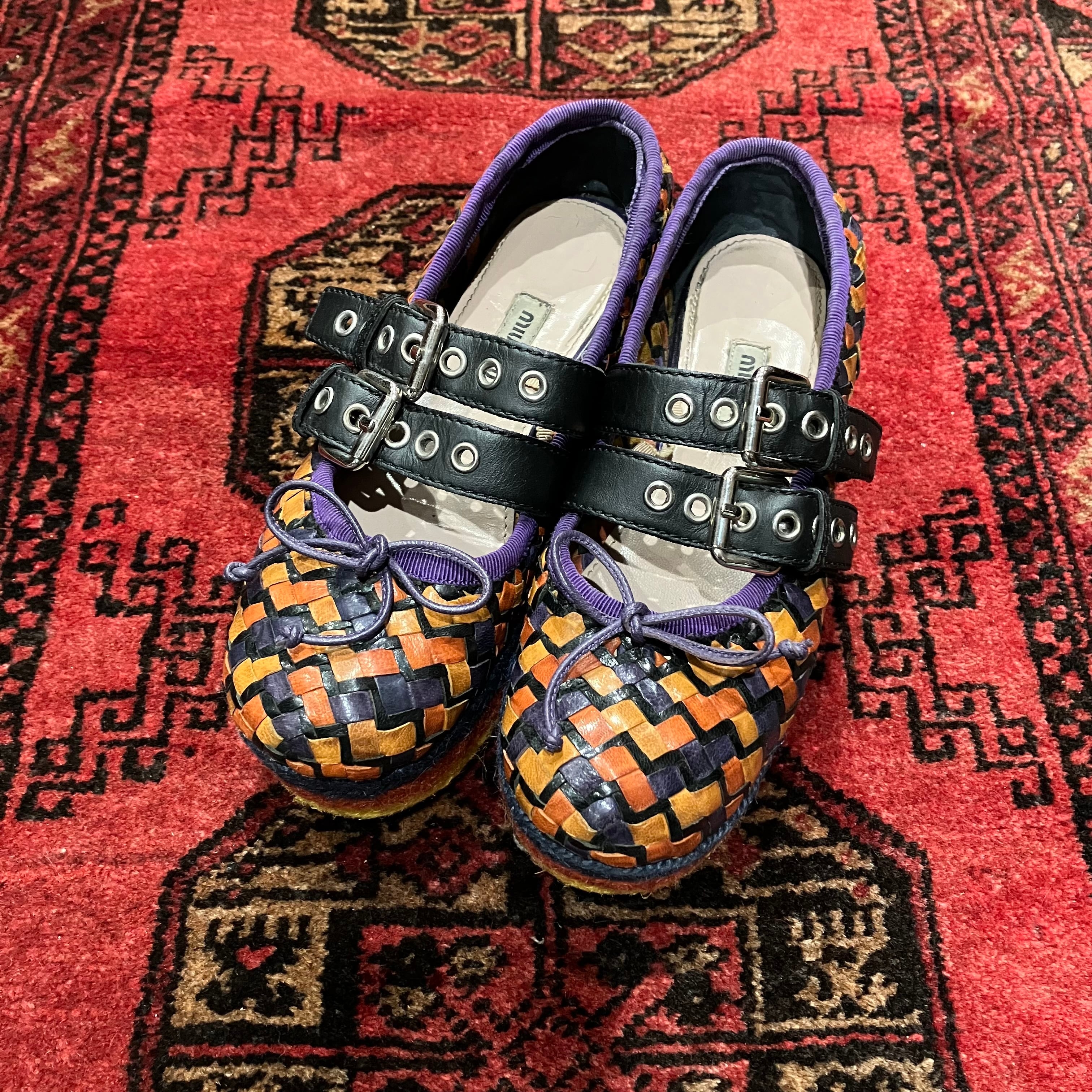 MIU MIU MESH LEATHER DOUBLE STRAP LEATHER WEDGE SOLE SHOES/ミュウ