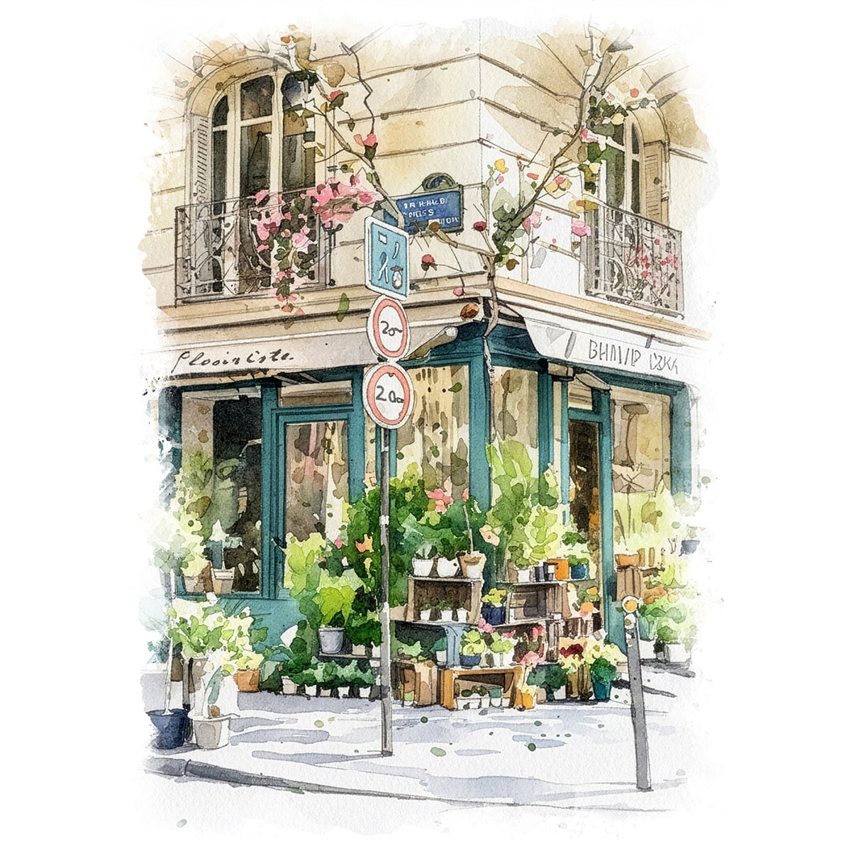 絵画 フランス 風景画(街並み) パリのフラワーショップの風景