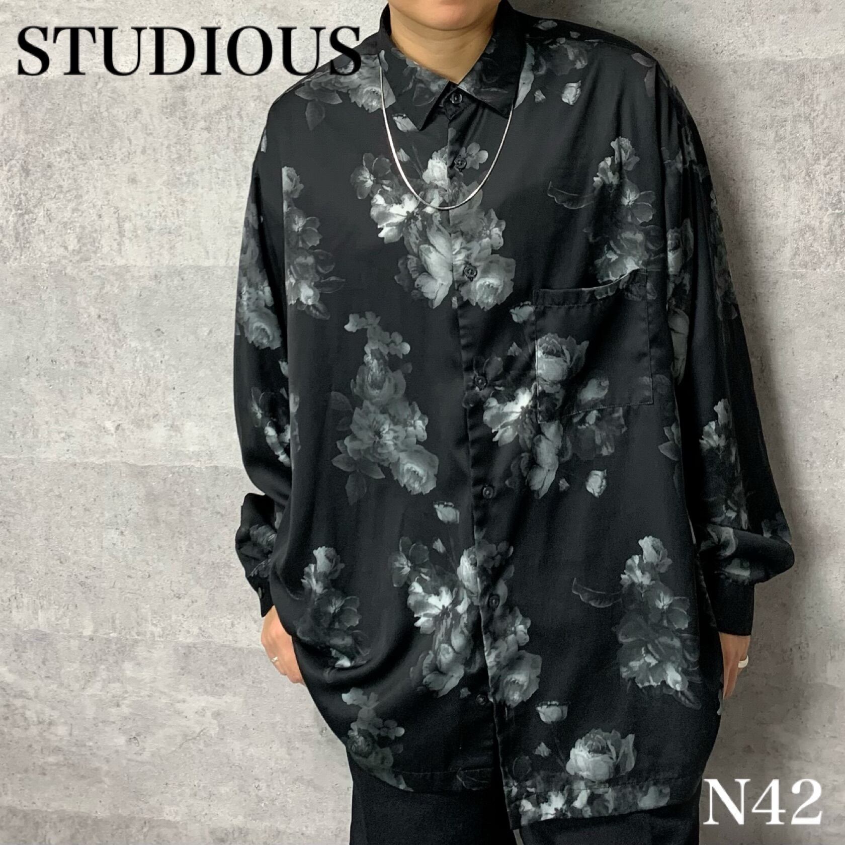 ステュディオス 花柄 ダークフラワー ビックシルエット シャツ 黒 3 L