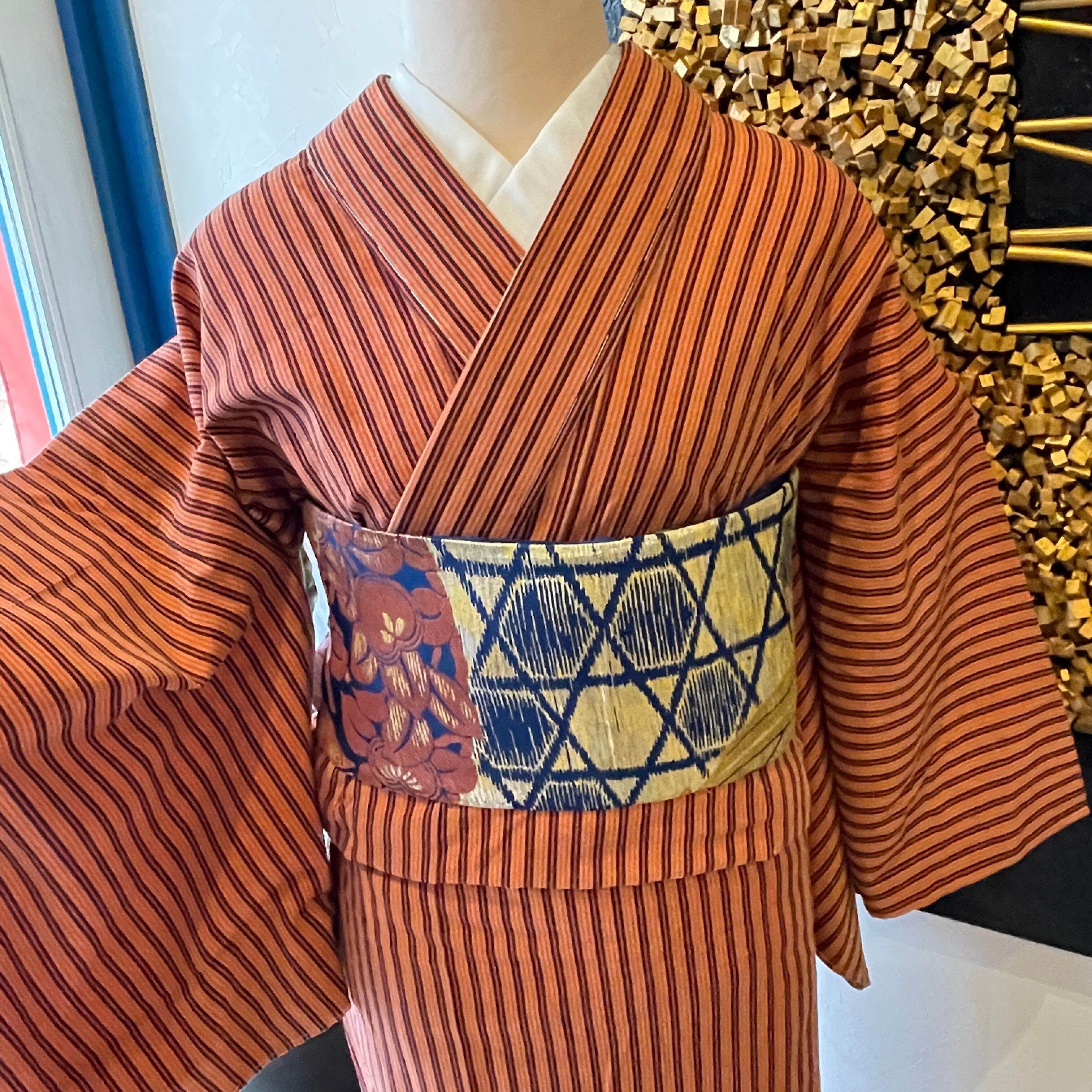 木綿着物 洗える着物 赤系 縞 カジュアル | アンティーク着物 侘びすけ