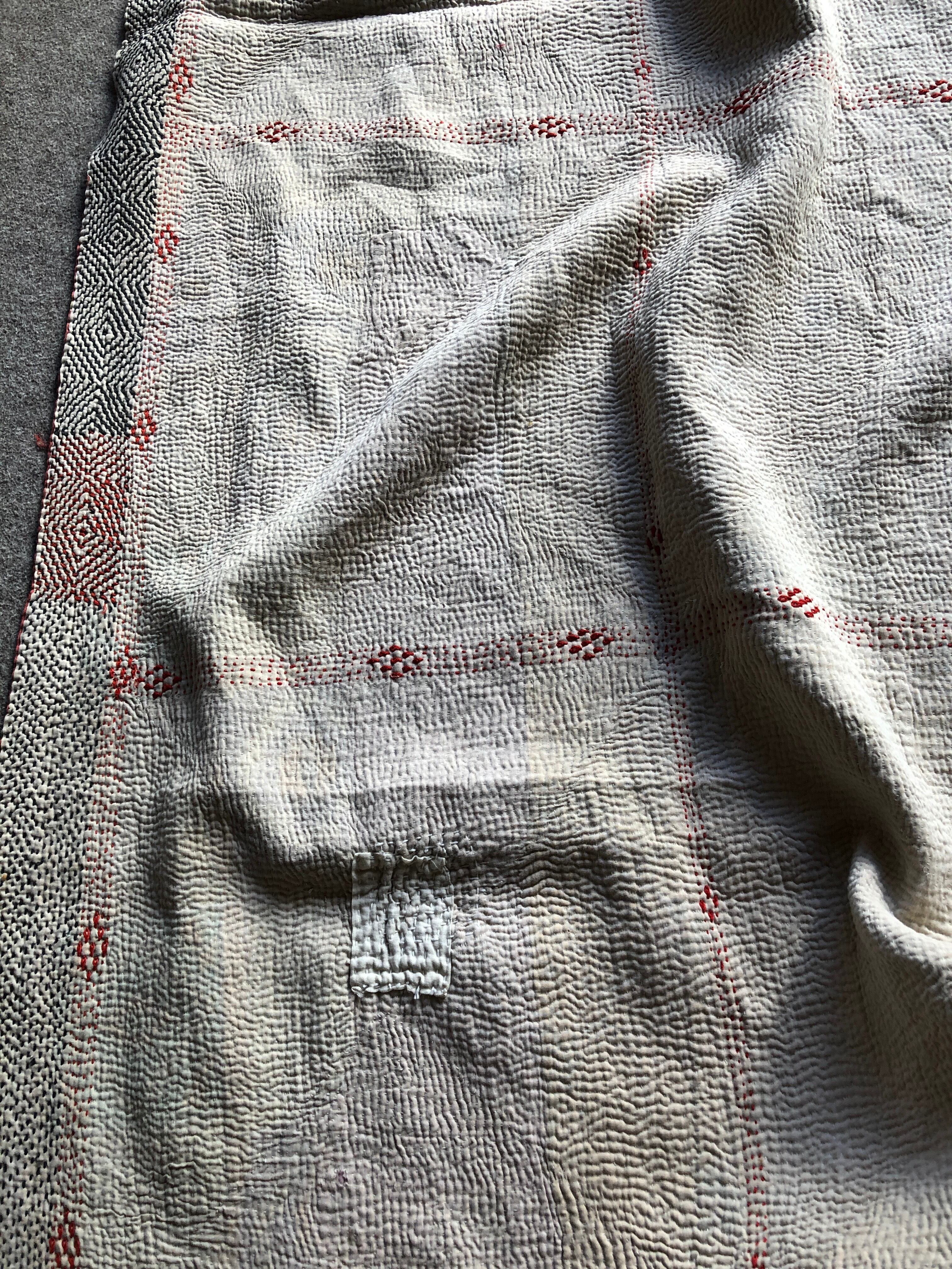 Vintage kantha quilt retro off white & orange ビンテージ