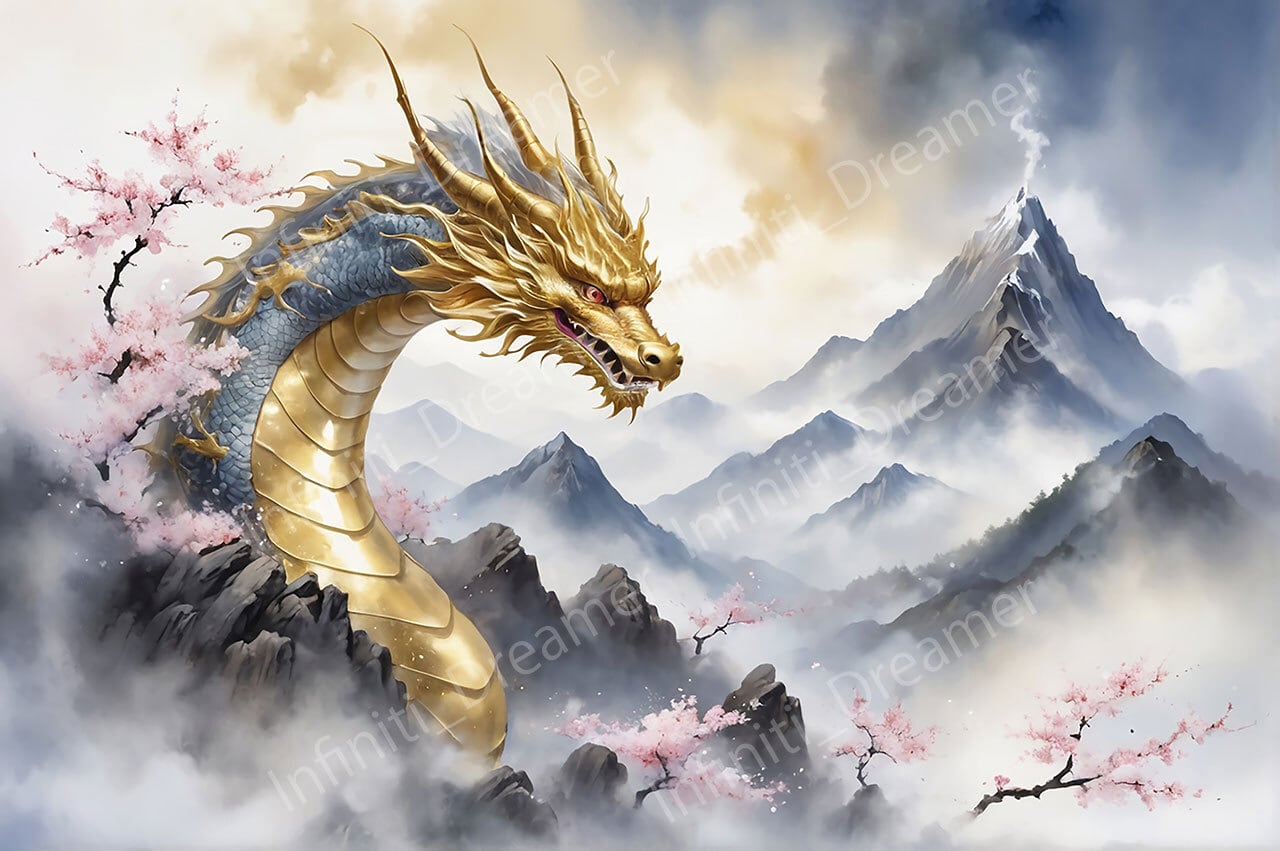 桜 山神 金龍 龍神 龍 の開運 スピリチュアル 水彩画 イラスト アート