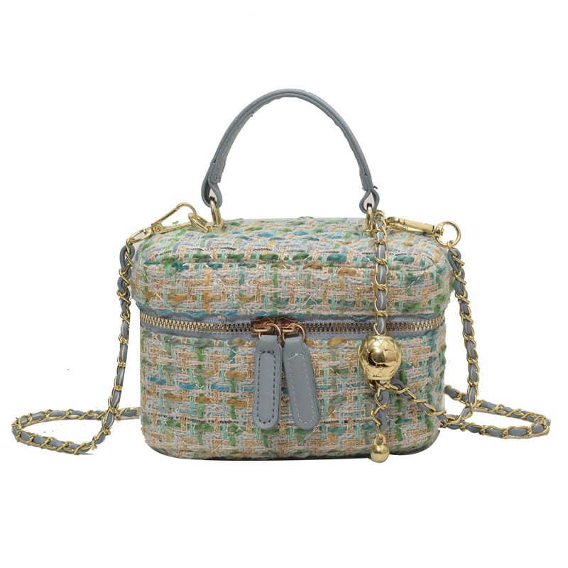 レザーブレイドチェーン ツイードミニバニティバッグ ブルーグレー