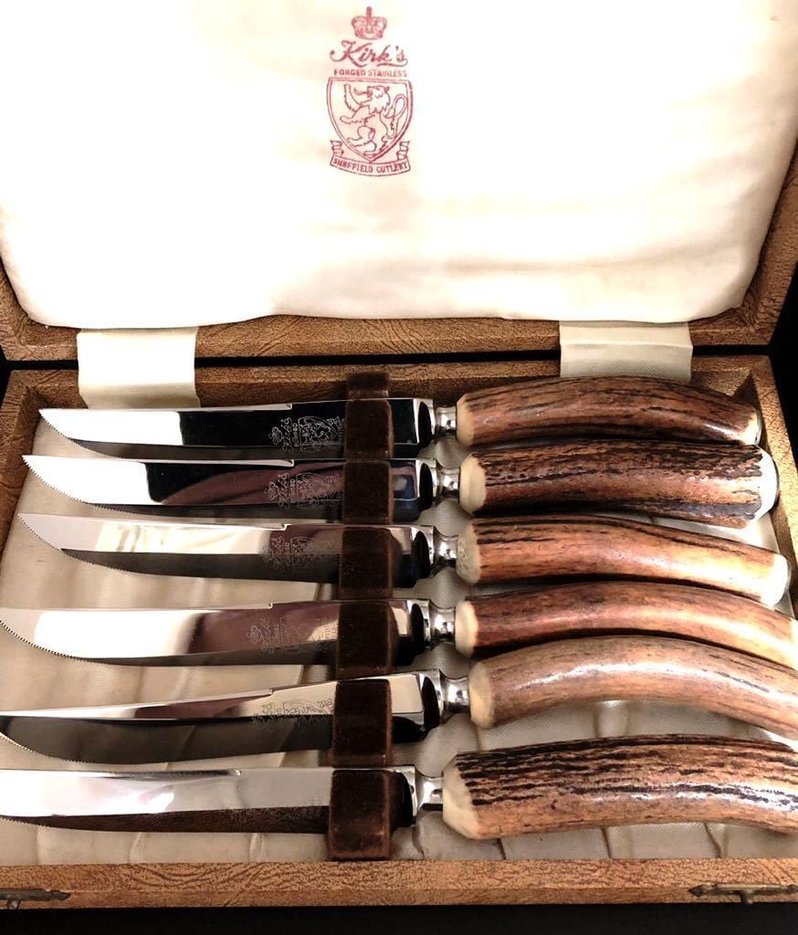 英国ビンテージ ホーン/角 スタッグ/雄鹿 ステーキナイフ6本 ホーン